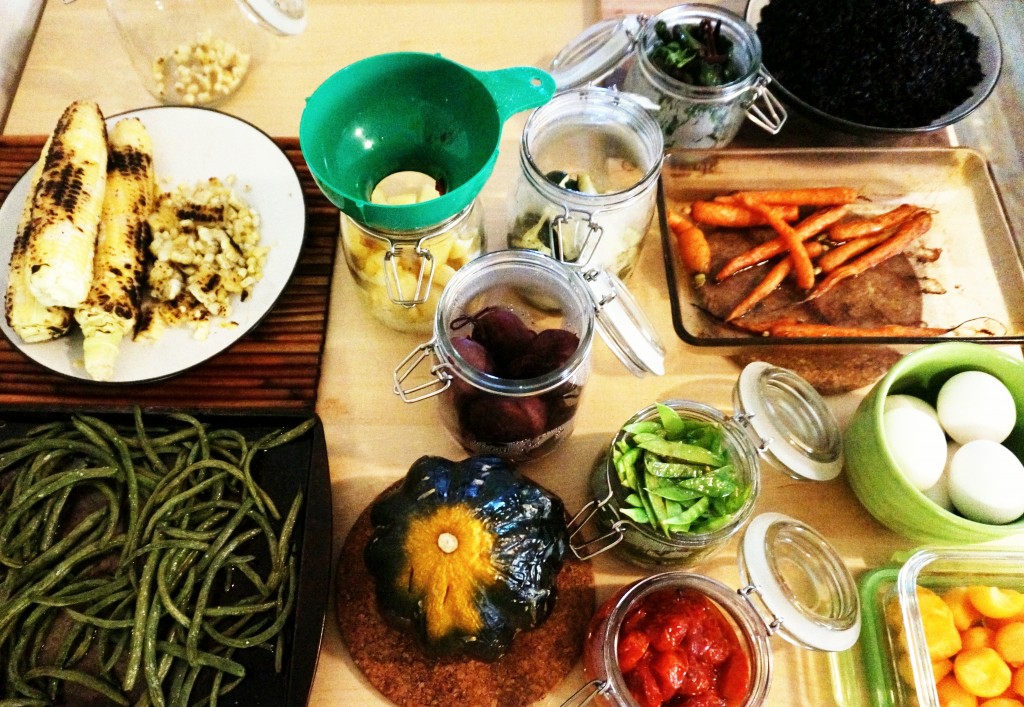 All the food 100% prepped in about 2 hours. Clockwise-ish, starting bottom left: Green Beans, Corn, Potatoes, Beets, Zucchini, Sautéed Greens, Forbidden Rice, Carrots, Hard Boiled Eggs, Cantaloupe, Tomatoes, Snow Peas, Acorn Squash