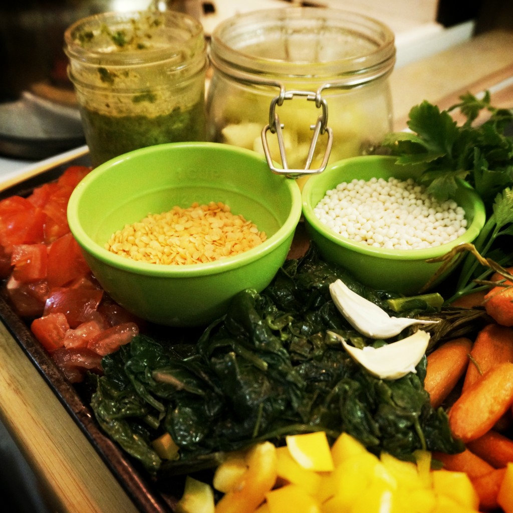 In this batch: Tomato, Roasted Carrots, Bell Peppers, Roasted Celery, Sautéed Greens, CousCous, Lentils, Garlic & Pesto