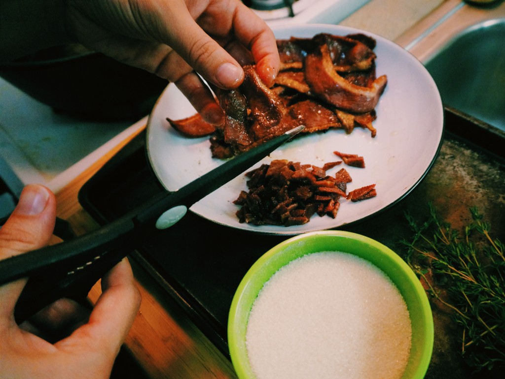 Cut the duck bacon up into little bits and then refry so they are extra crispy