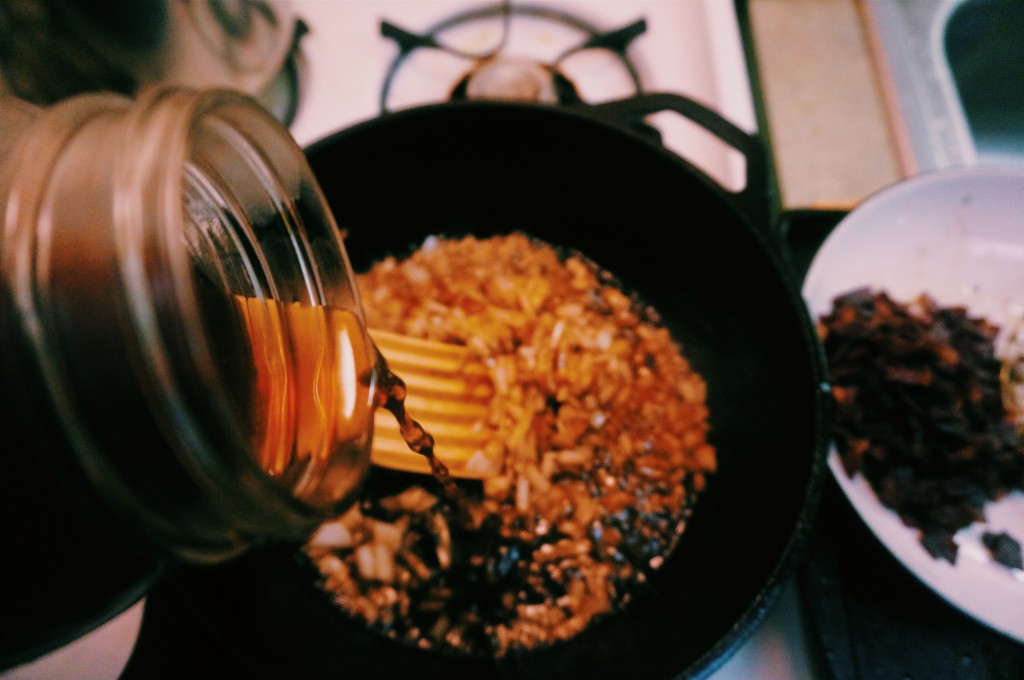 Adding the coffee to deglaze the pan - be sure to get all those delicious browned bits.