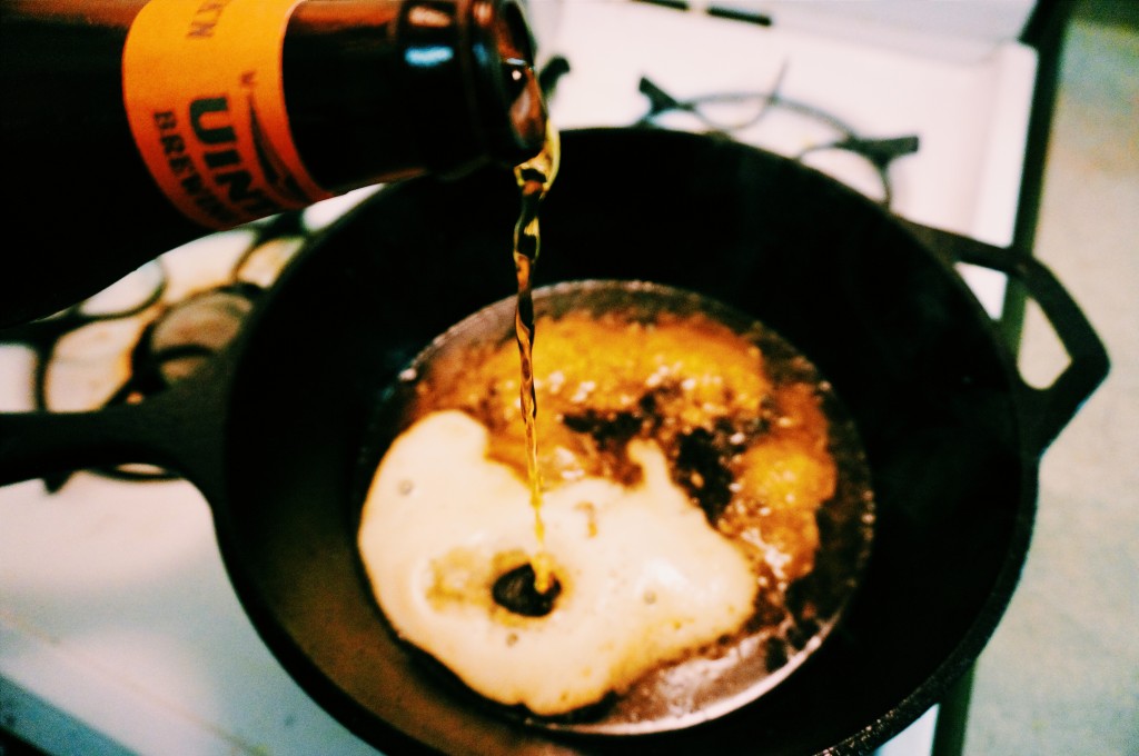 Deglaze the pan with the Pumpkin Ale. Be sure to scrape up all the yummy brown bits.