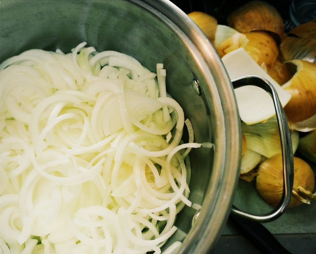 Success! 12 onions sliced up and ready to caramelize