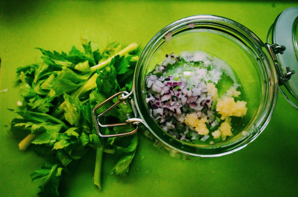 Celery Leaves with Shallot, Garlic, & Salt