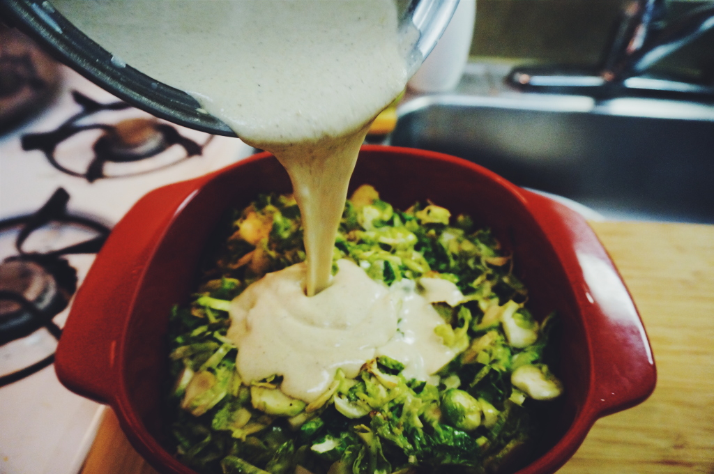 Creamy, cheesy Brussels sprout gratin - just 30 minutes away now.