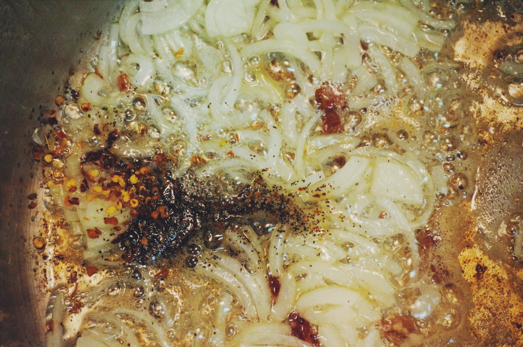 Part of the deliciousness? Cooking the onions and garlic in bacon fat.