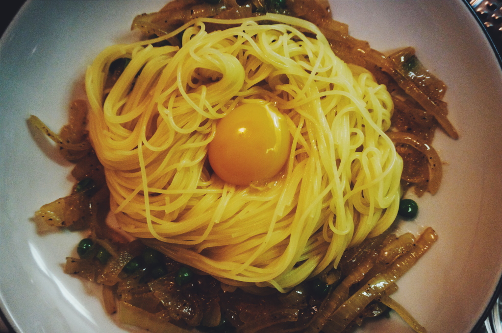 A little pasta nest for that delicious yolk.  It will become full-fledged sauce later