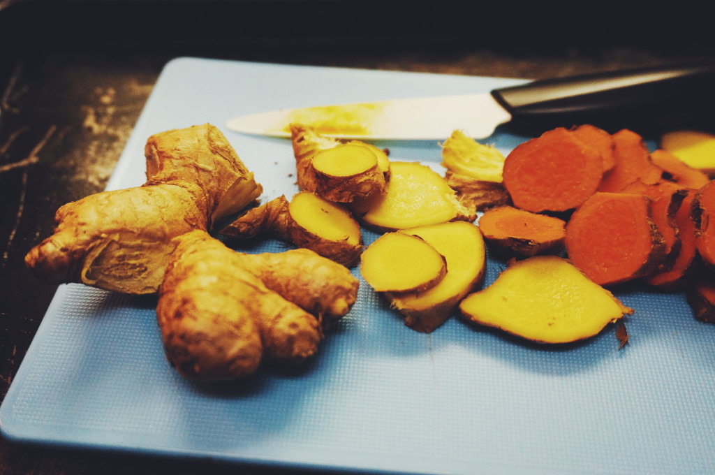 Cut the turmeric and ginger into 'coins' - you don't even need to bother peeling