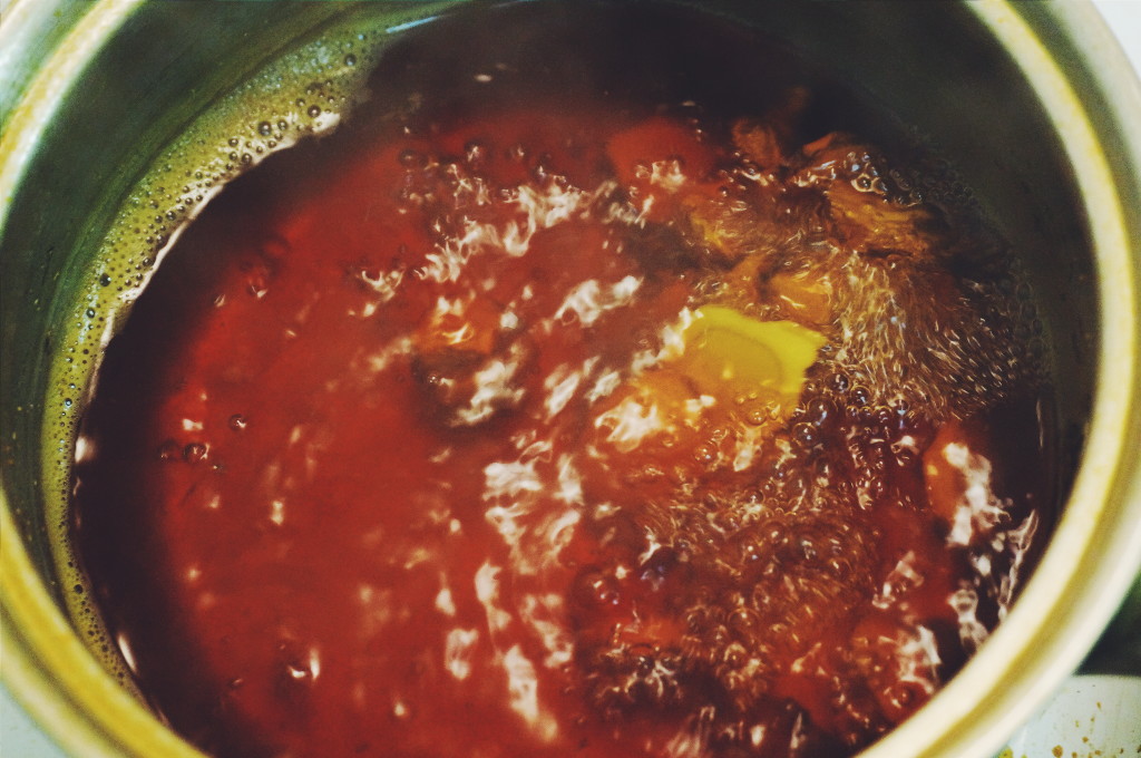 Simmer the ginger and turmeric 'coins' for 10 - 15 minutes depending on how strong you want your infusion.  I love this mahogany color 