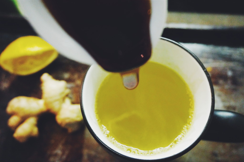 Strange kitchen alchemy going on here - when you add the lemon juice the tea goes from a deep reddish-brown to bright yellow.  Add the honey? It turns back again.  Weird, huh?