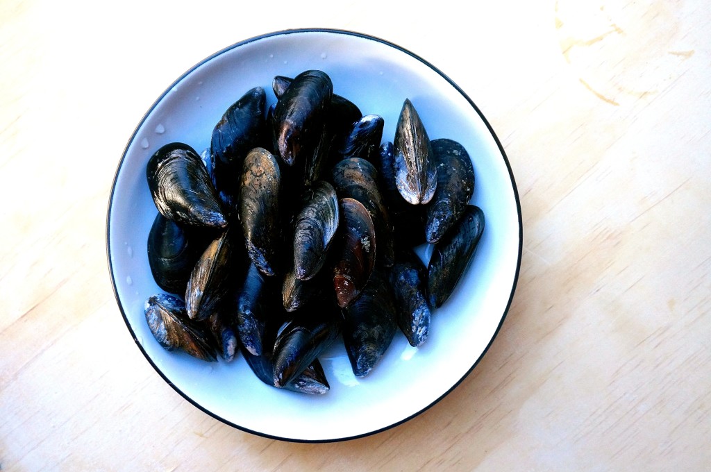 Mussels - scrubbed and ready for steaming