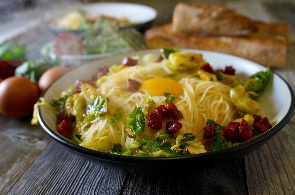 Chorizo & Brussels Sprouts Pasta Carbonara | Suitcase Foodist