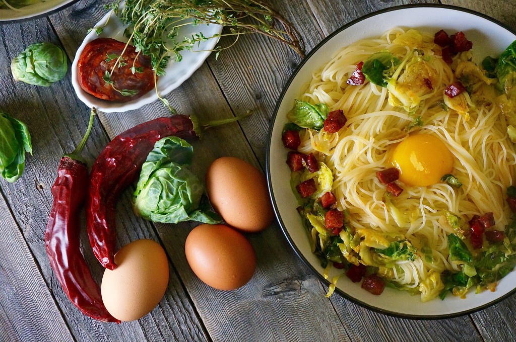 Chorizo & Brussels Sprouts Pasta Carbonara | Suitcase Foodist