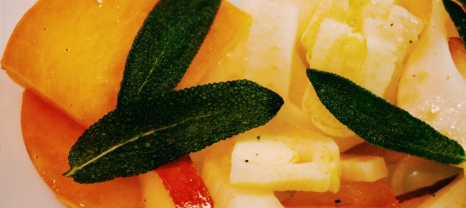 Persimmon, Pear & Fennel Salad with Fried Sage